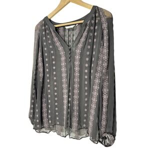 ZOA New York Womens Grey Mauve Embroidered Sheer V-Neck Blouse‎ Size S
